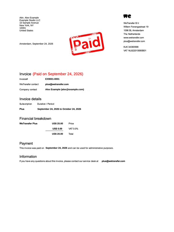 WeTransfer Plus Invoice editable example