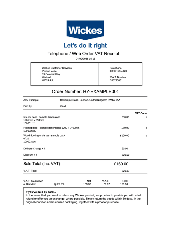 Wickes Web Order VAT Receipt editable example