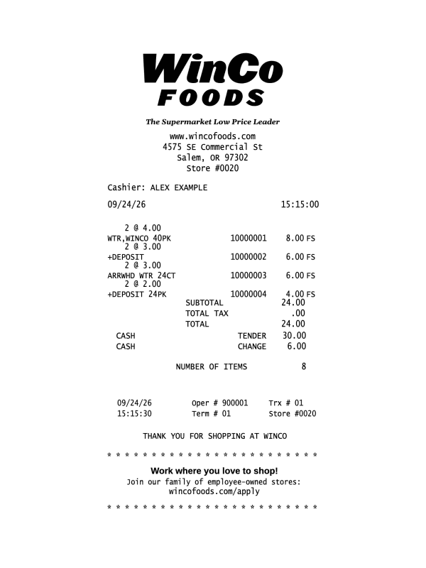 WinCo sample receipt with item rows, deposits, and cash change
