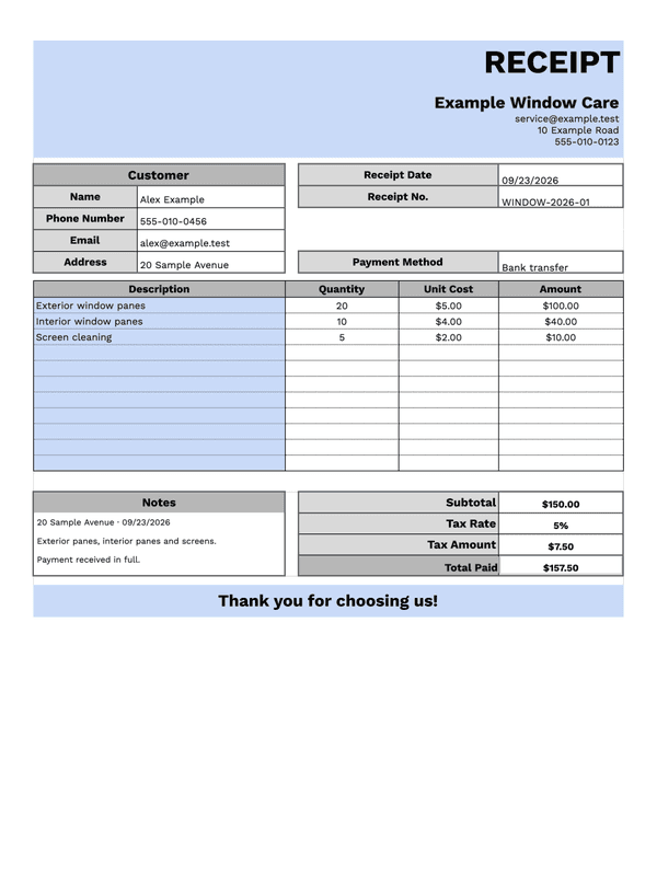 Window Cleaning Receipt editable example