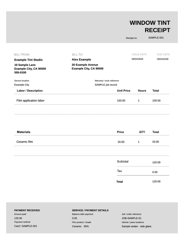 Window Tint Service Receipt editable example
