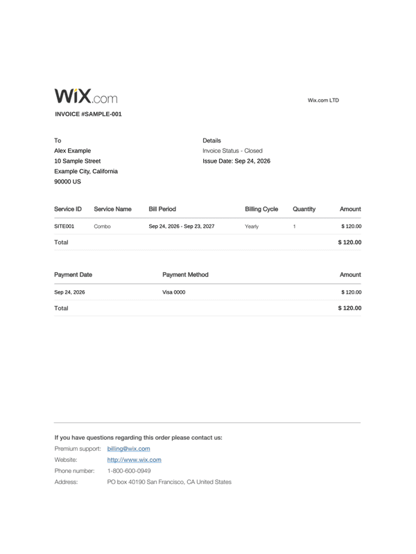Wix Subscription Receipt editable example