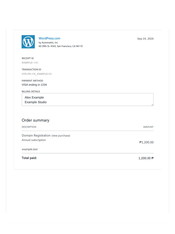 WordPress.com Domain Receipt editable example