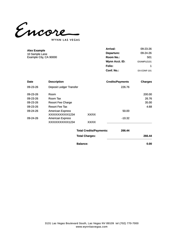 Wynn / Encore Las Vegas Guest Folio editable example