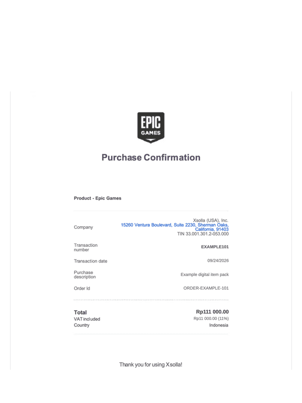 Xsolla Purchase Receipt editable example
