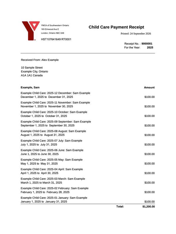 YMCA Child Care Receipt editable example