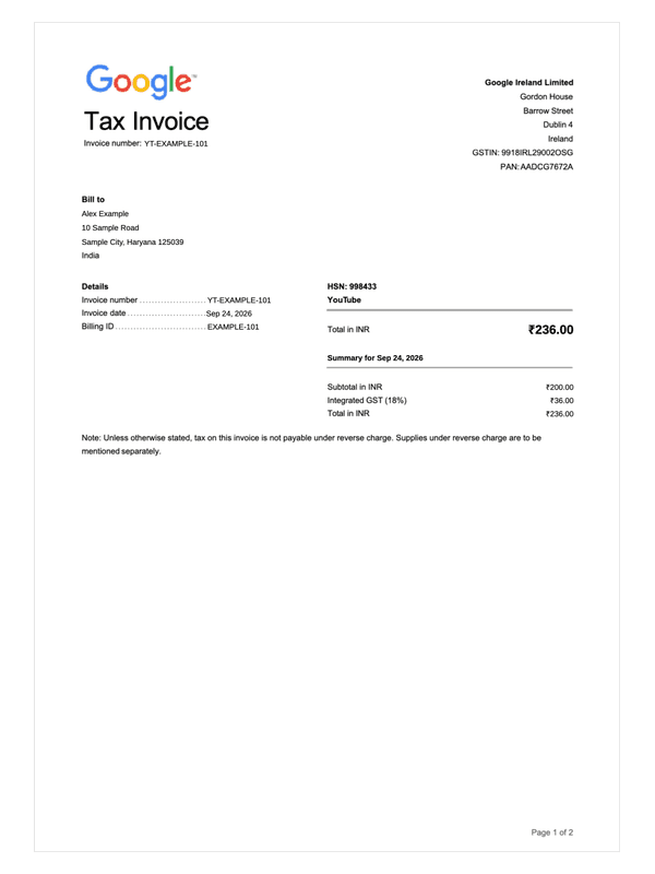 YouTube Premium Tax Invoice editable example