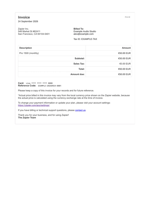 Zapier Paid Invoice editable example