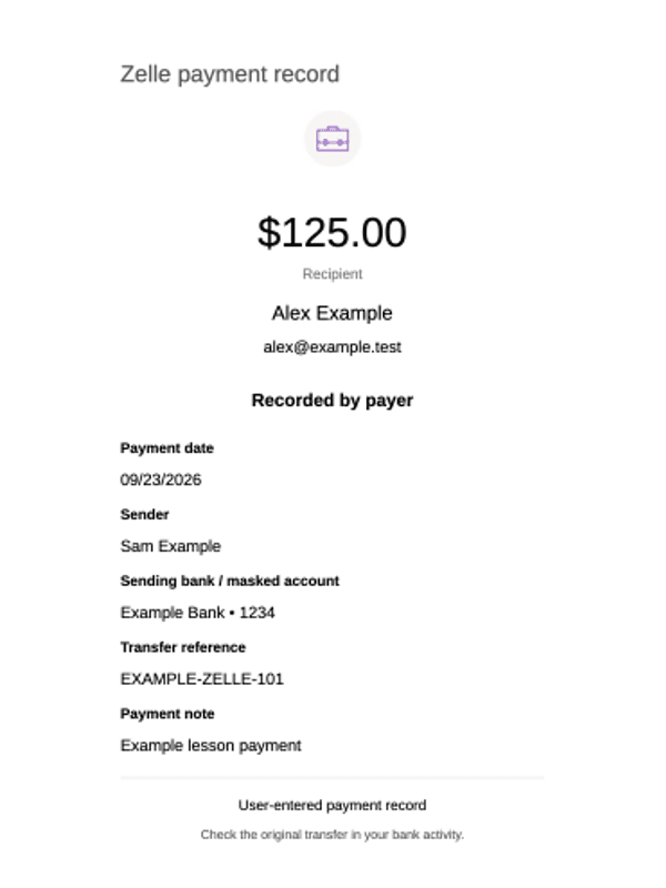 Zelle Payment Record editable example
