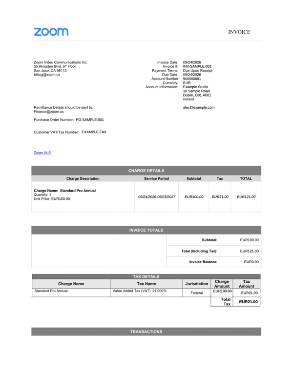 Zoom Subscription Invoice editable example