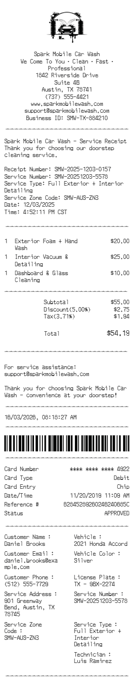 Mobile Car Wash Receipt — example receipt