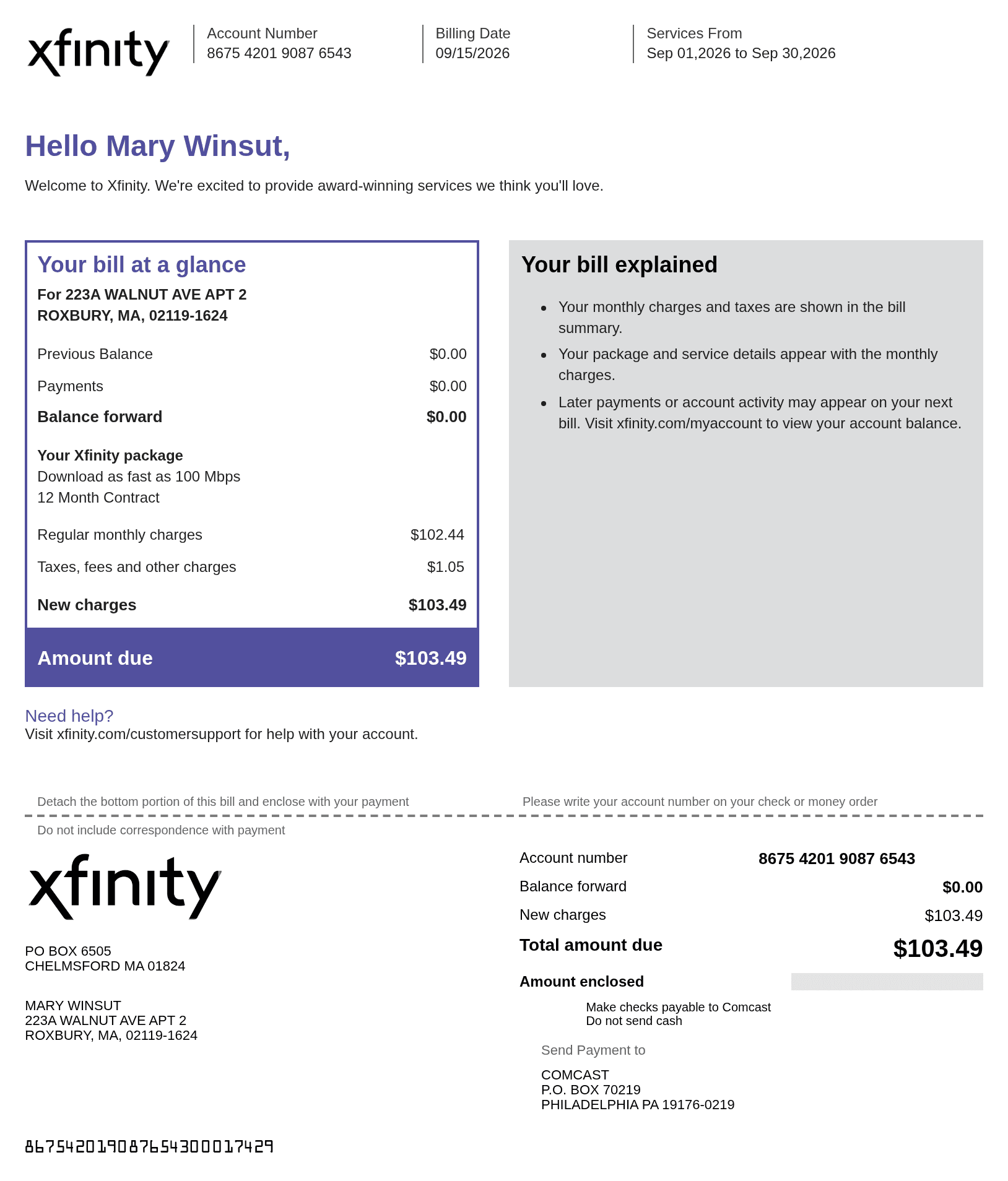 Xfinity Receipt — example receipt