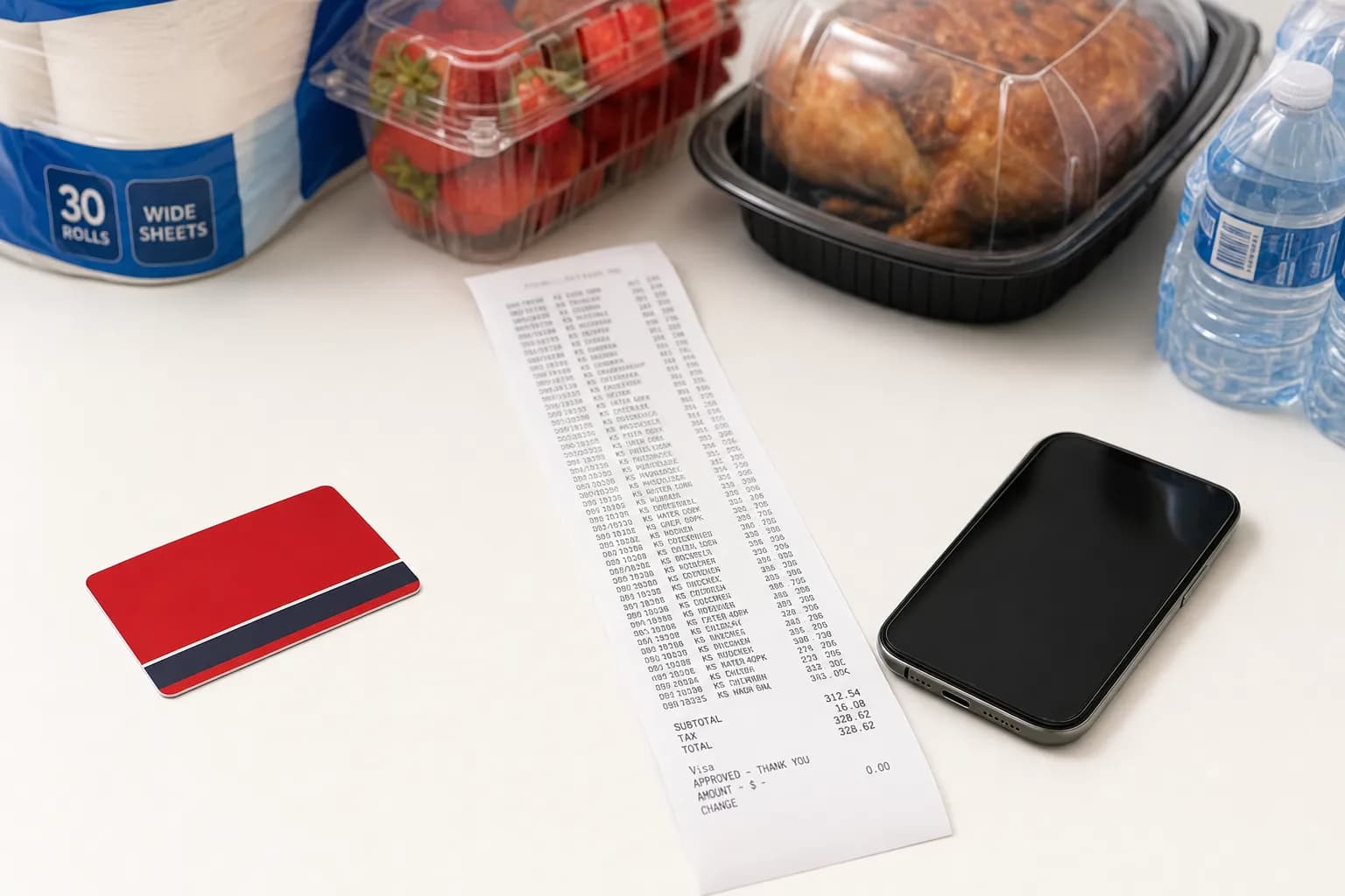 Long Costco receipt on a desk next to a Costco membership card and smartphone with bulk grocery items
