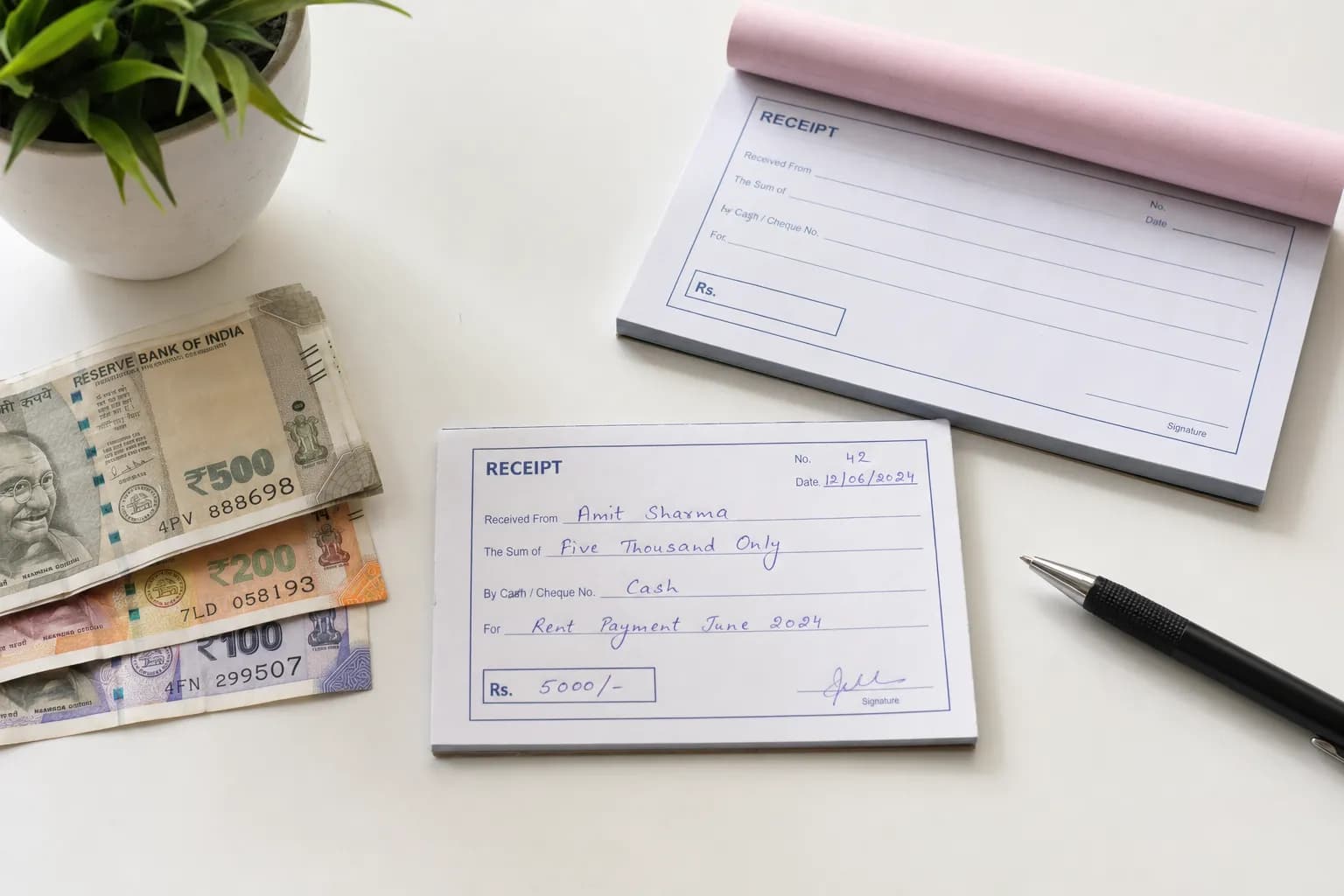 Handwritten paper receipt with cash bills, pen, and carbon copy receipt book