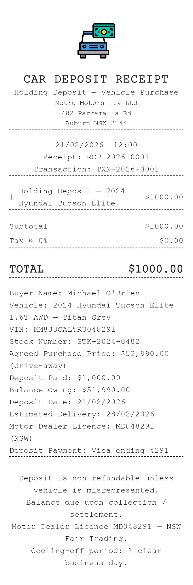 Car Deposit Receipt — example receipt
