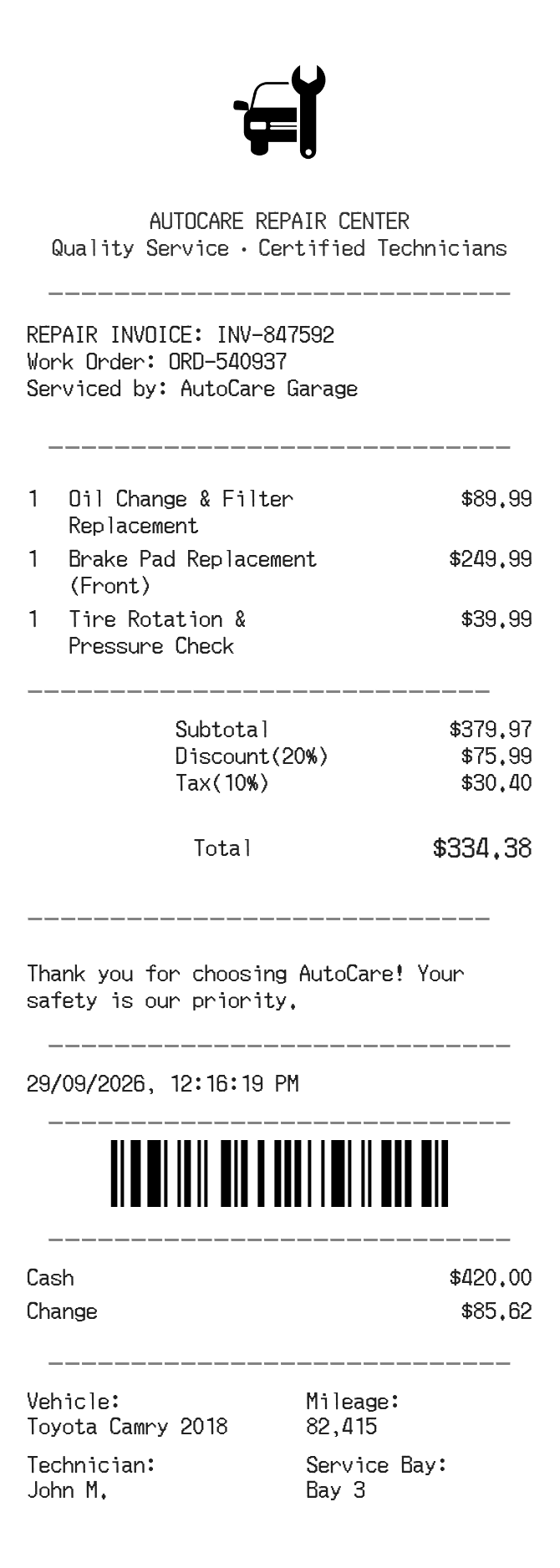Car Repair Receipt — example receipt