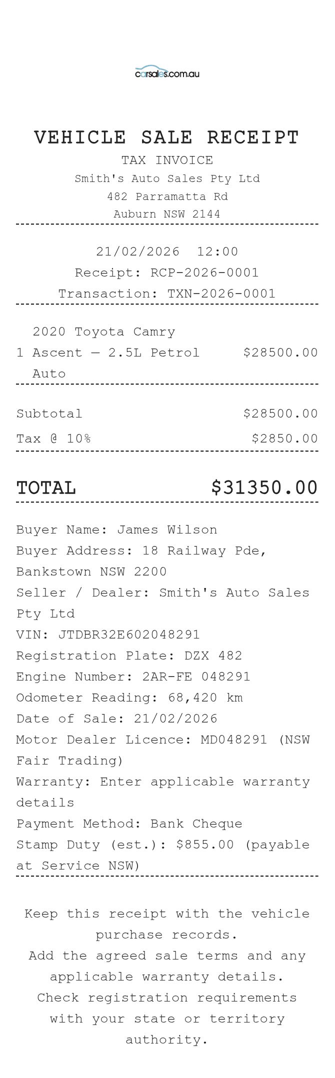 Car Sale Receipt (Australia) — example receipt