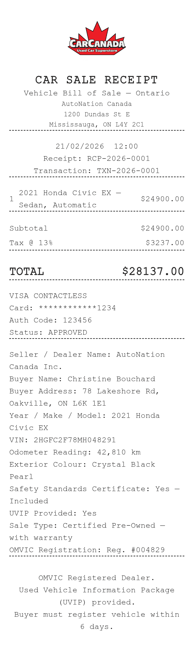 Car Sale Receipt (Canada) — example receipt