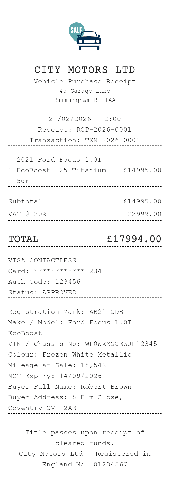 Car Sale Receipt — example receipt