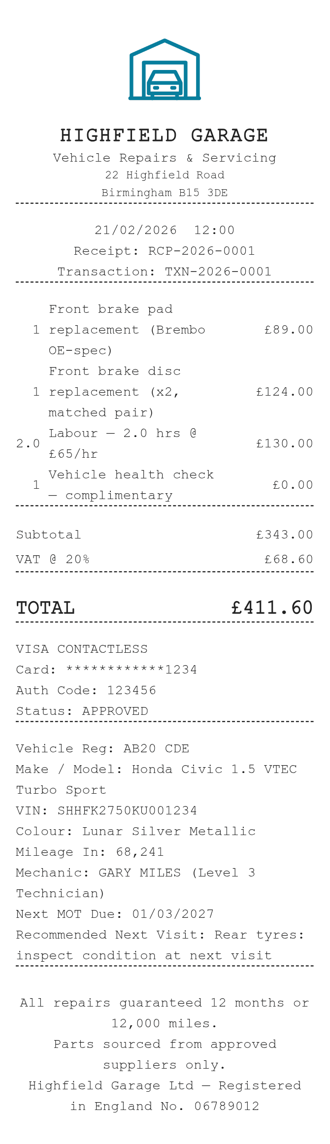 Garage Receipt — example receipt