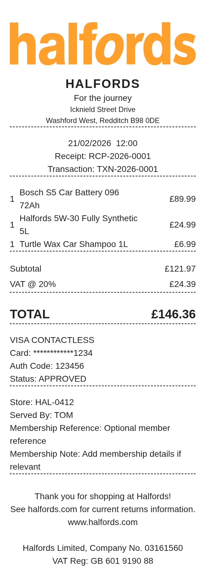 Halfords Receipt — example receipt