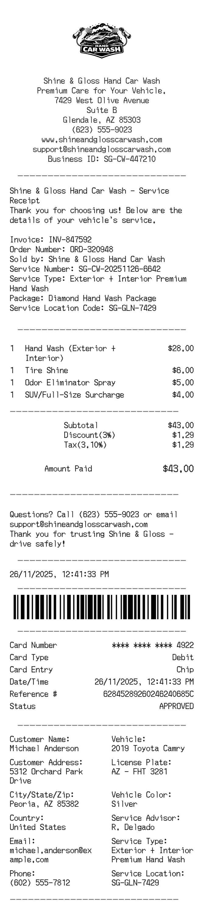 Hand Car Wash Receipt — example receipt