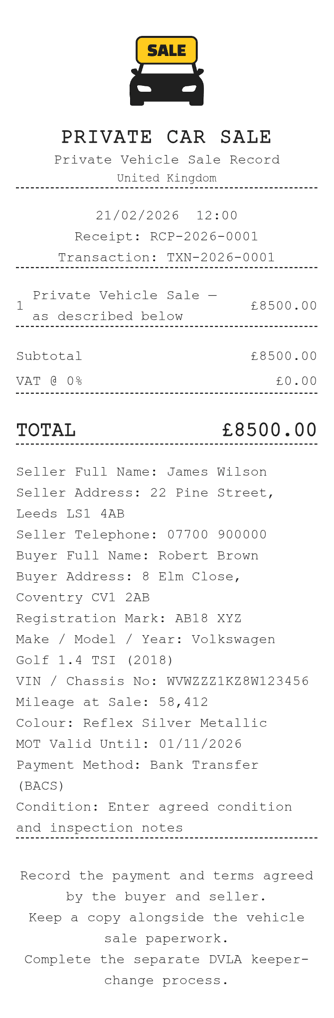 Private Car Sale Receipt — example receipt