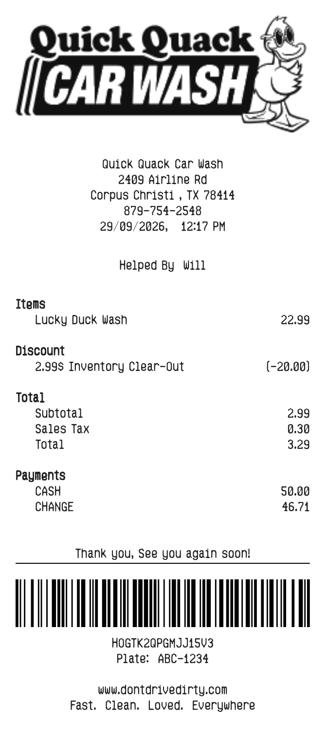Quick Quack Car Wash Receipt — example receipt