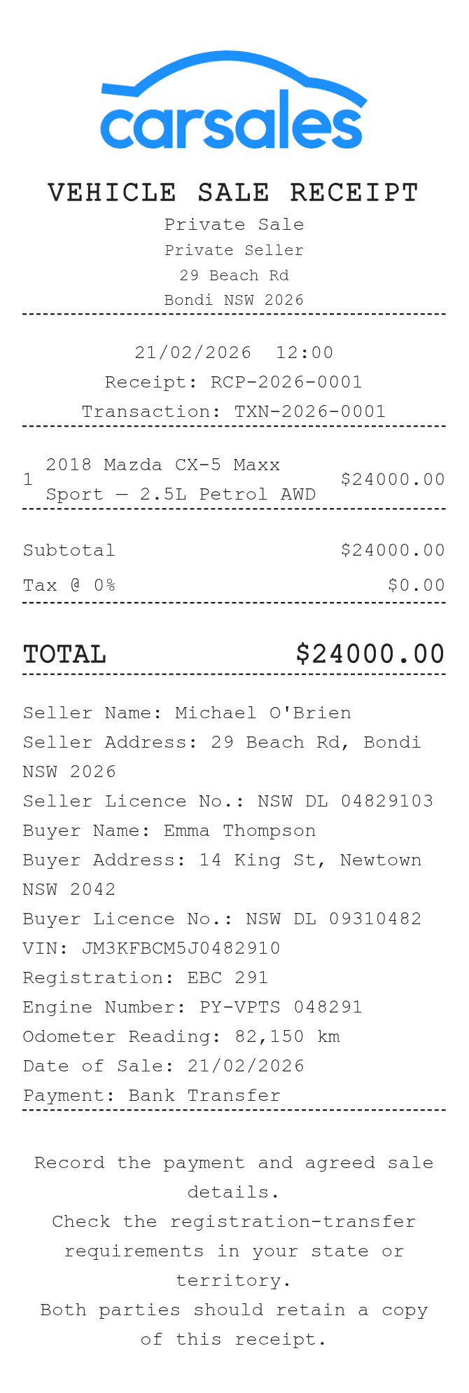 Vehicle Sale Receipt (Australia) — example receipt