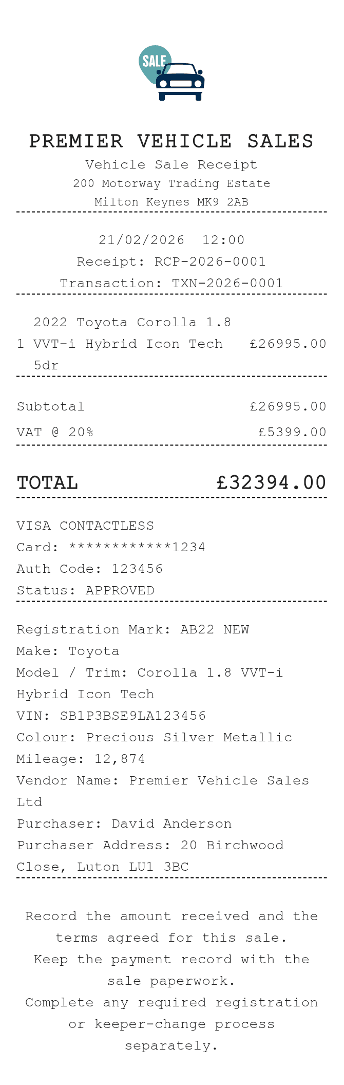 Vehicle Sale Receipt — example receipt