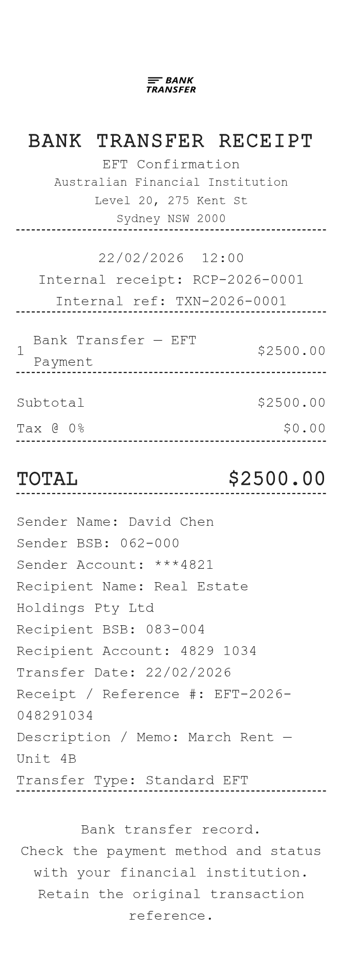 Bank Transfer Receipt (Australia) — example receipt