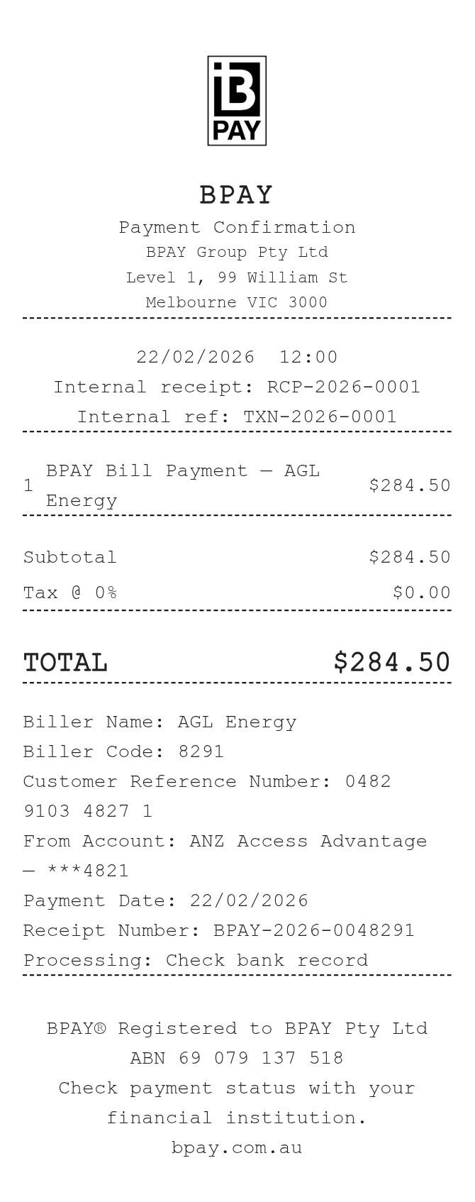 BPAY Receipt — example receipt