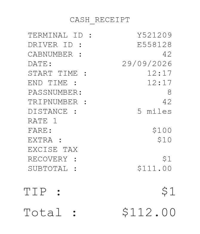 Cash Receipt — example receipt
