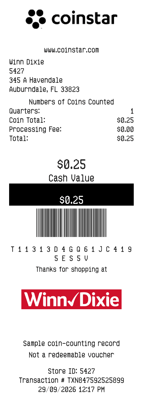 Coinstar Receipt — example receipt