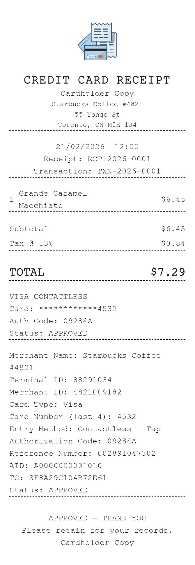 Credit Card Receipt (Canada) — example receipt