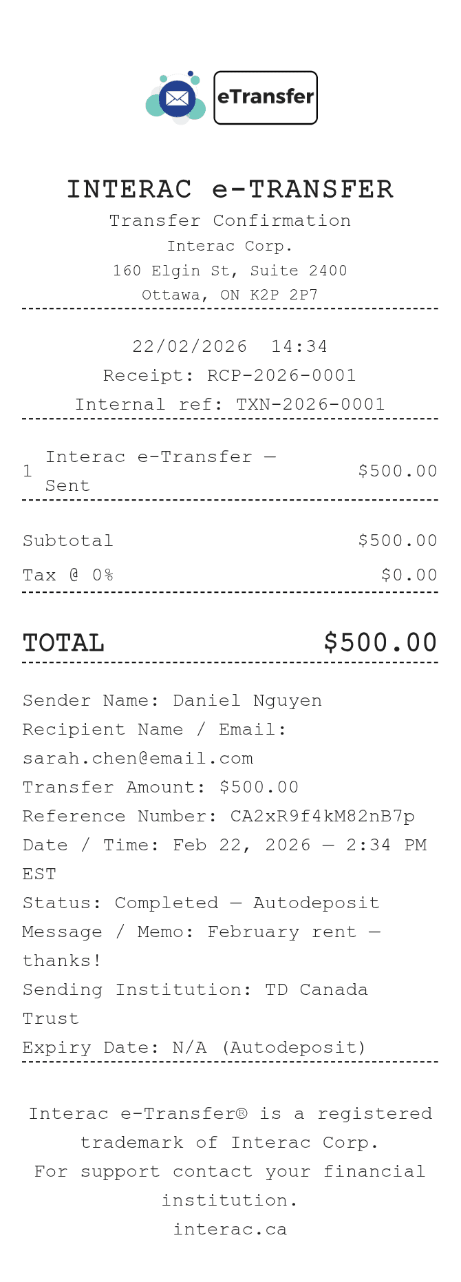 E Transfer Receipt — example receipt