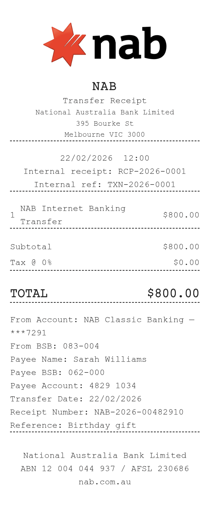 NAB Receipt — example receipt