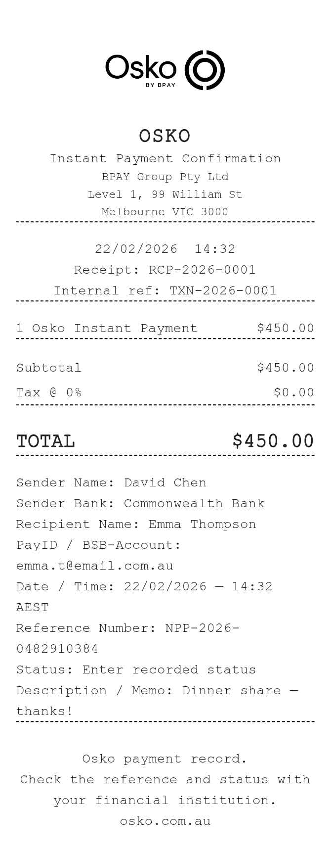 Osko Receipt — example receipt