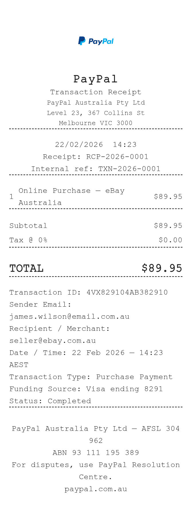 PayPal Australia Receipt — example receipt