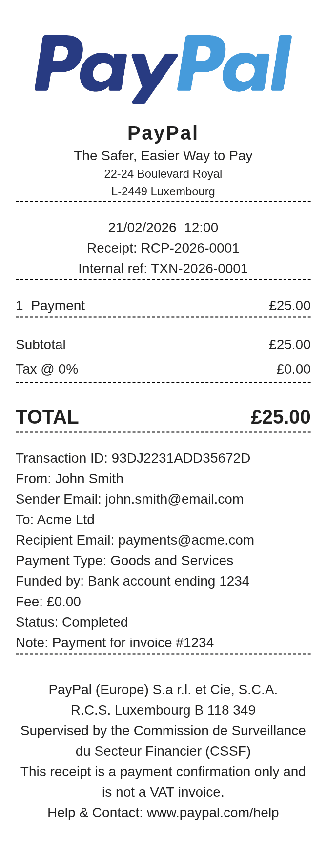 PayPal Receipt — example receipt