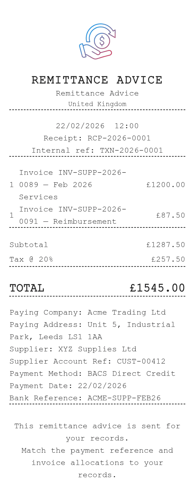 Remittance Receipt — example receipt
