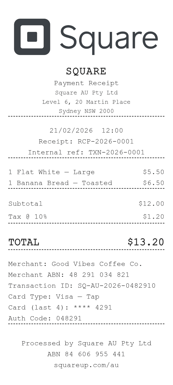 Square Australia Receipt — example receipt