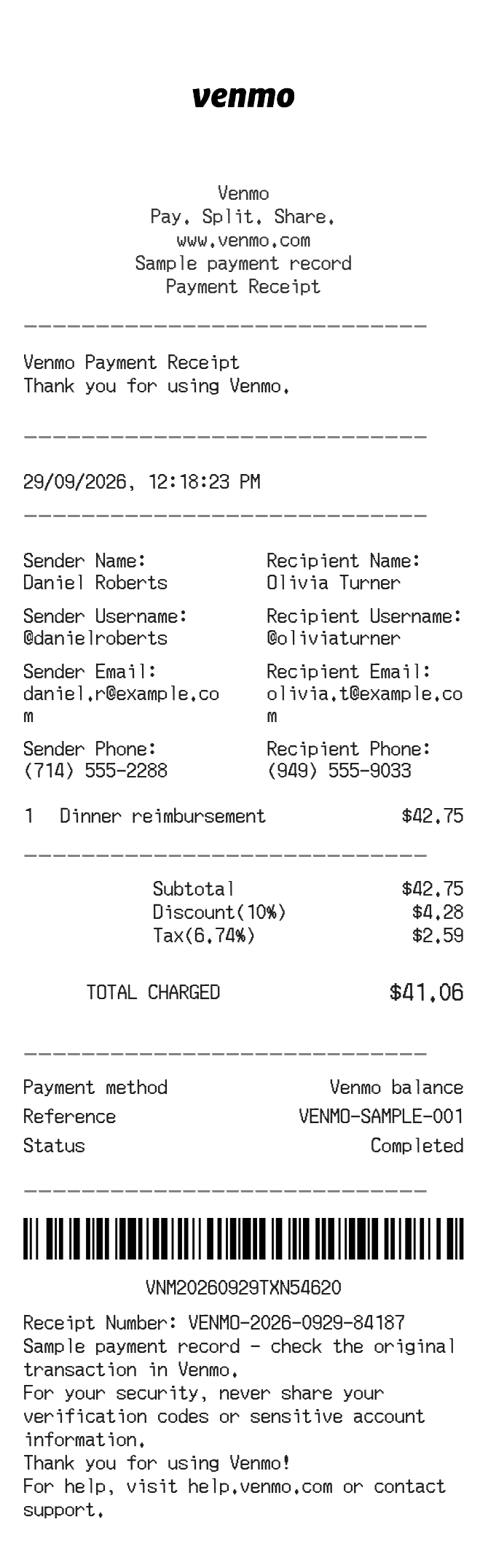 Venmo Receipt — example receipt
