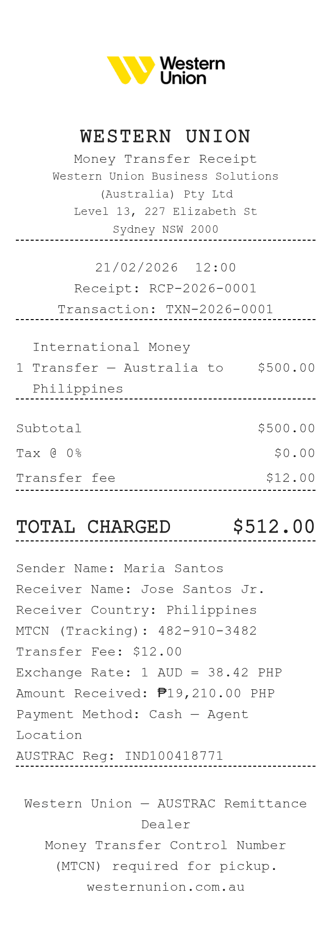 Western Union Australia Receipt — example receipt