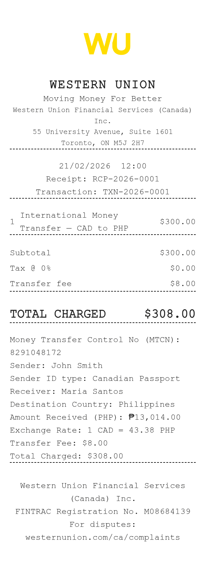 Western Union Canada Receipt — example receipt