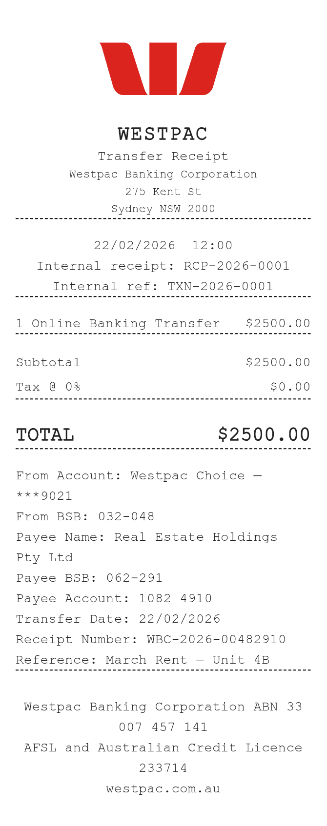 Westpac Receipt — example receipt
