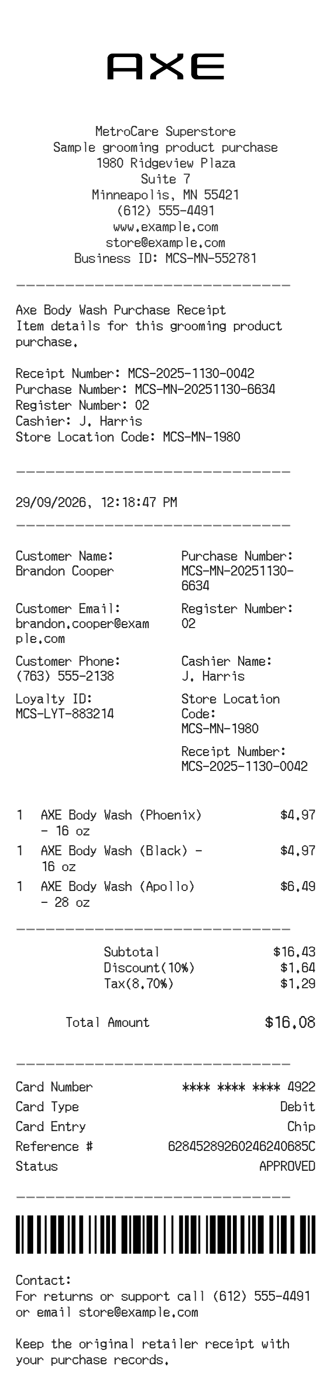 Axe Receipt — example receipt