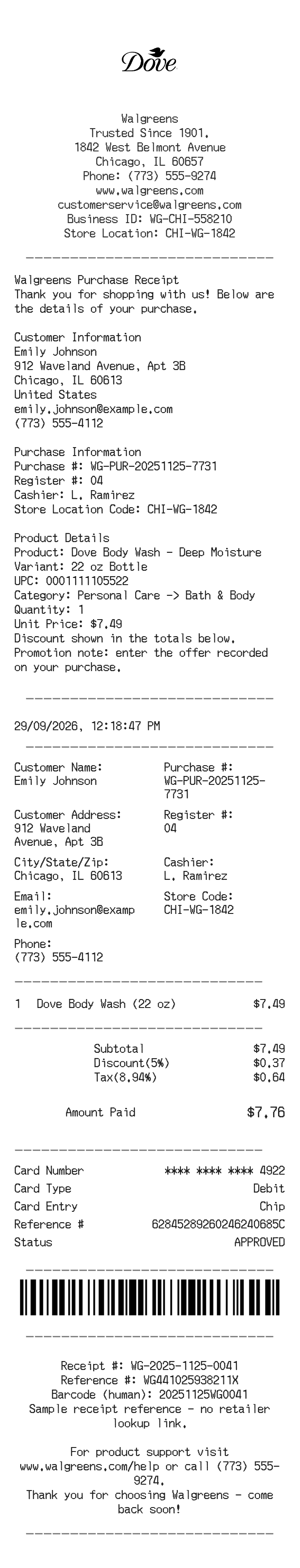 Dove Receipt — example receipt