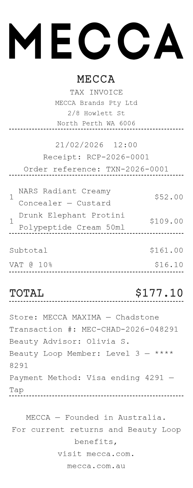 Mecca Receipt — example receipt
