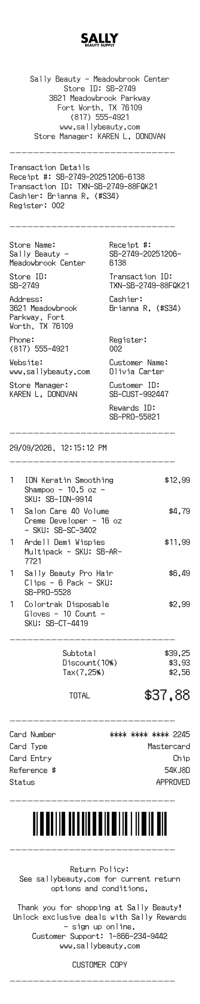 Sally's Receipt — example receipt